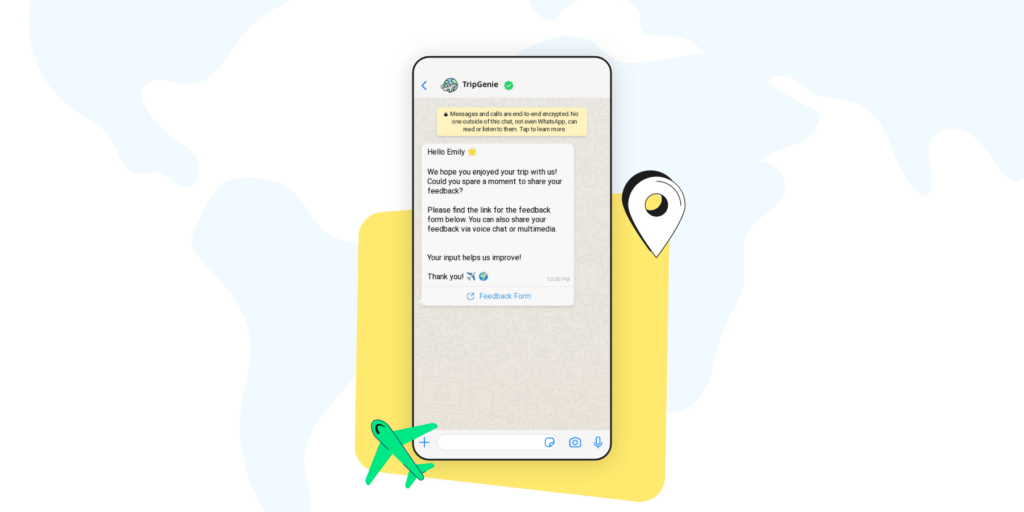 A WhatsApp message asking for feedback and review about customer's trip experience