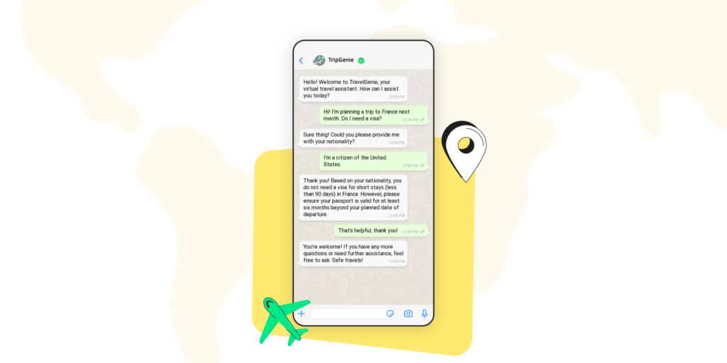 WhatsApp chatbot offering support to customer by answering travel related queries.