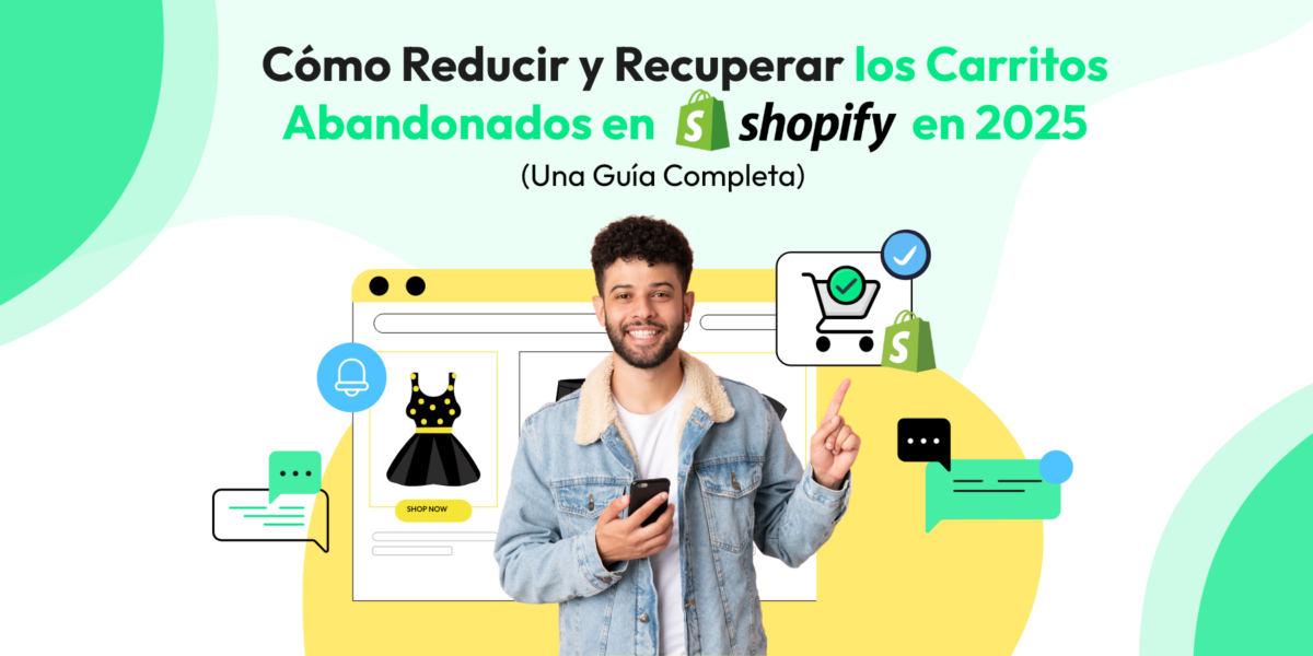 Hombre sosteniendo un teléfono con visuales de recuperación de carrito en Shopify, simbolizando soluciones para carrito abandonado de Shopify