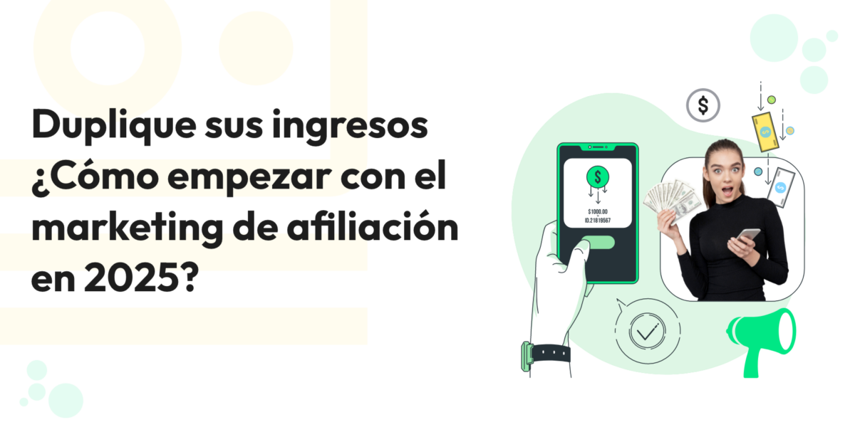 Mujer sosteniendo dinero y un celular con elementos visuales de pagos, representando ¿Marketing de afiliados?