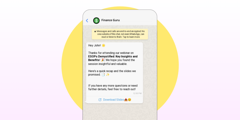 Automated WhatsApp Nurturing message sent 1 day after the Webinar